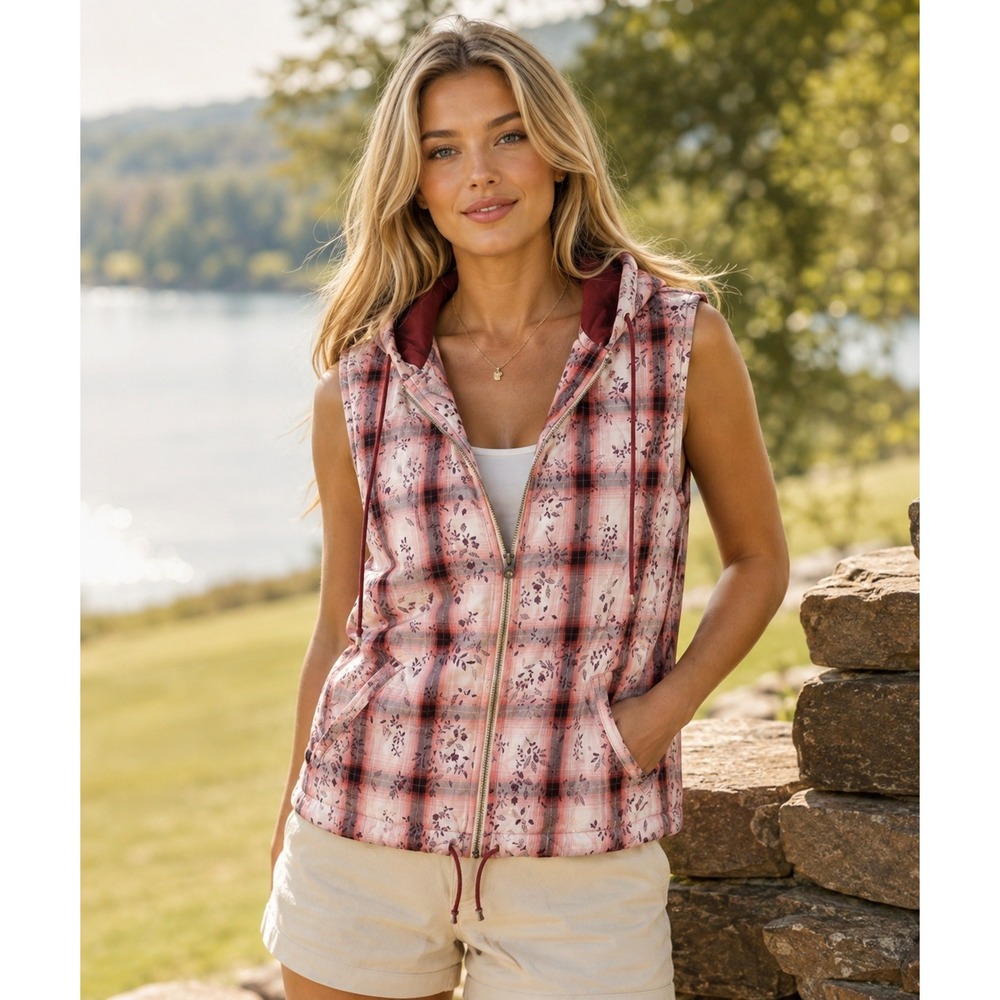 Christopher‎ and Banks Women's Size Small Red Plaid Full Zip Hooded Sleeveless